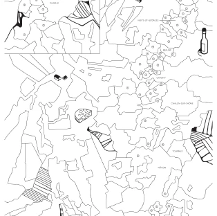 Colouring book page about wine, including map of Burgundy appellation