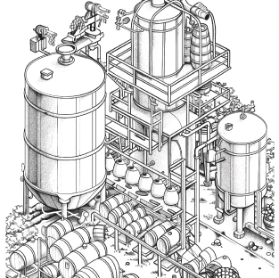 Wine colouring book page depicting wine making equipment